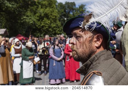 TURKU, FINLAND ON JUNE 30. Closeup view of actor´s face in the Medieval Market of Turku. Actors in the background on June 30, 2017 in Turku, Finland. Editorial use!