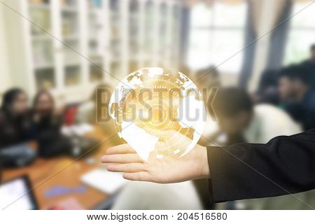 World map technology business on woman hand meeting background