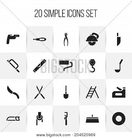 Set Of 20 Editable Equipment Icons. Includes Symbols Such As Spacer, Tongs, Brush And More