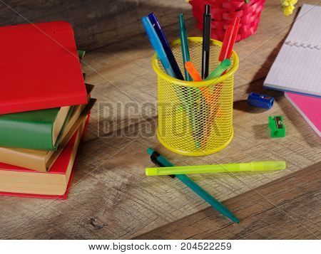 Back to school and education banner with colorful pencils and stationery.