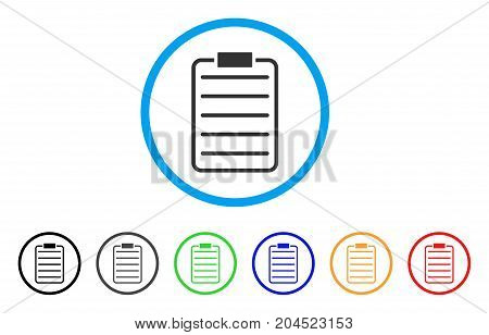 List Page icon. Vector illustration style is a flat iconic list page grey rounded symbol inside light blue circle with black, gray, green, blue, red, orange color additional versions.