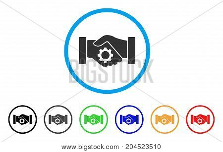 Smart Contract Handshake icon. Vector illustration style is a flat iconic smart contract handshake grey rounded symbol inside light blue circle with black, gray, green, blue, red,