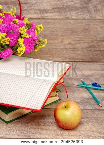 Back to school concepty with clear blackboard background, desk, items