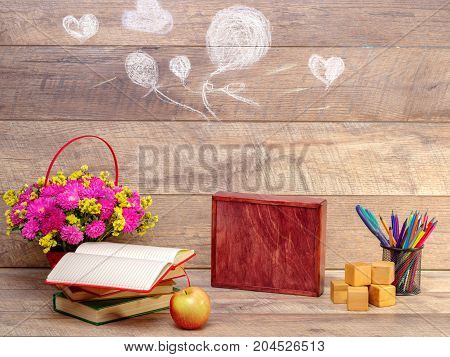 Back to school concepty with clear blackboard background, desk, items