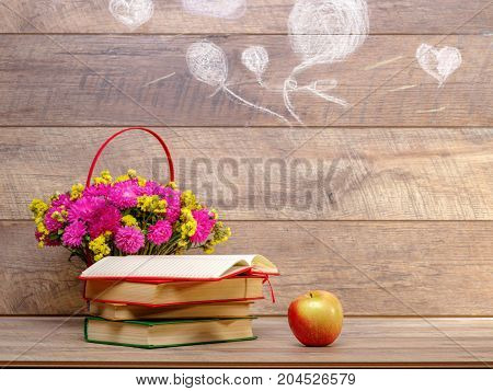 Back to school concepty with clear blackboard background, desk, items
