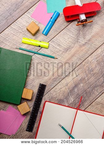 Back to school concepty with clear blackboard background, desk, items