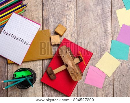 Back to school concepty with clear blackboard background, desk, items