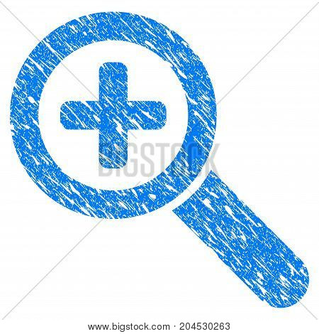 Grunge Zoom In icon with grunge design and dirty texture. Unclean vector blue pictogram for rubber seal stamp imitations and watermarks. Draft emblem symbol.