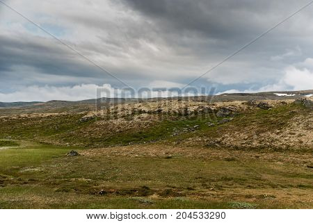 Mountain landscape along the National tourist route Aurlandstjellet. Flotane. Western Norway
