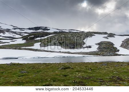 Mountain landscape along the National tourist route Aurlandstjellet. Flotane. Western Norway