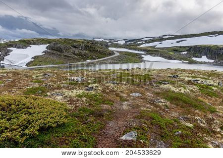 Mountain landscape along the National tourist route Aurlandstjellet. Flotane. Bjorgavegen. Western Norway