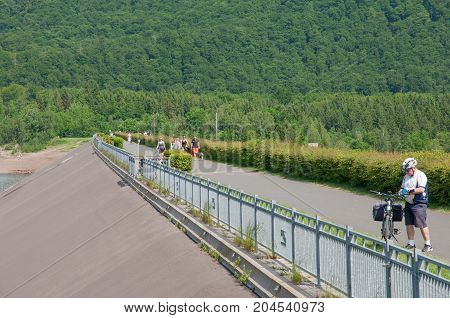 Langelsheim Germany - May 28. 2017: tourists enjoying the view from Innerste dam in Gemrnay