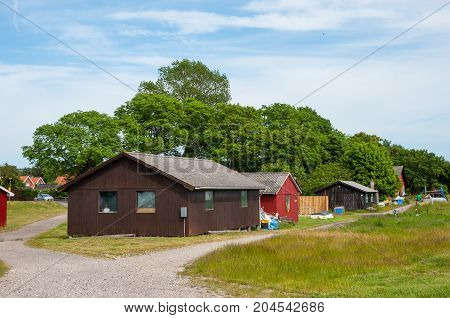 Fisherman's sheds in Klintholm harbor in Denmark
