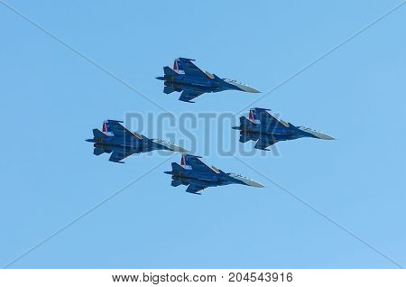 ROSTOV-ON-DON, RUSSIA - SEPTEMBER 3, 2017: An Russia Air Force Su-30 Flanker fighter aircraft of Russian Knights