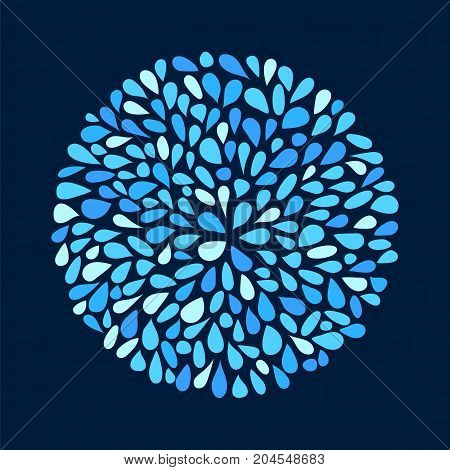 Small water drops forming a circle on dark background. Stock vector illustration of blue splash and flow.