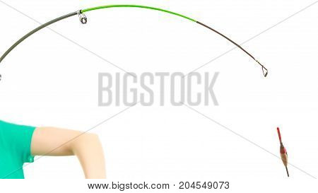 Spinning sport equipment concept. Person holding fishing rod with float and waggler with line.