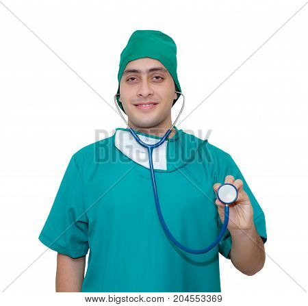 Doctor Male Person With Green Uniform Holding Stethoscope Isolated On White Background.