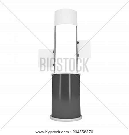 Stall or Kiosk Modern Promostand Reception Desk. Trade show booth white and blank. 3d render illustration isolated on white background. Template mockup for your expo design.