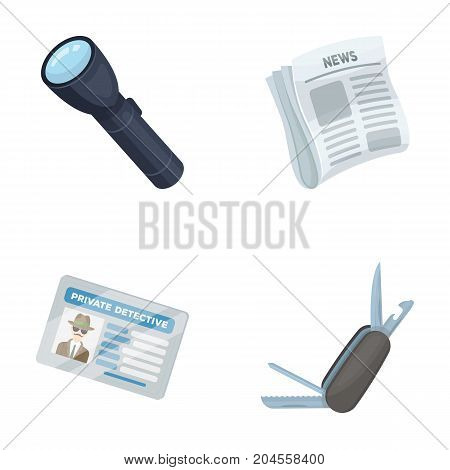 Flashlight, newspaper with news, certificate, folding knife.Detective set collection icons in cartoon style vector symbol stock illustration .