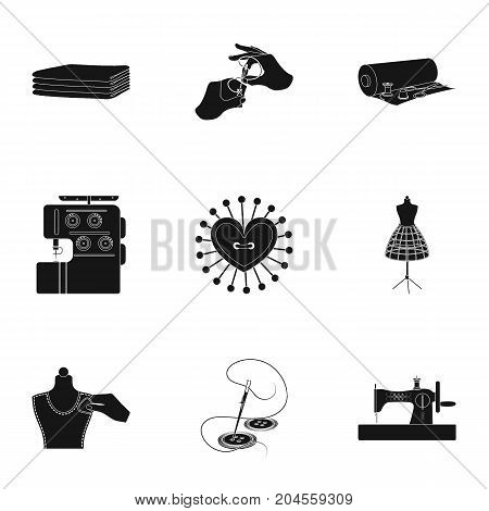 coil with thread, sewing machine, fabric and other equipment. Sewing and equipment set collection icons in black style vector symbol stock illustration .