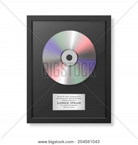 Realistic vector cd and label in glossy black frame icon closeup isolated on white background. Single album disc award. Design template. Stock vector mockup. EPS10 illustration.
