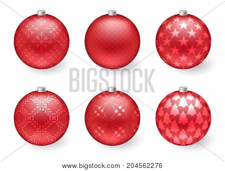 Christmas set jf red balls with dots stars snowflakes for xmas and New Year design. Glowing baubles. Vector illustration