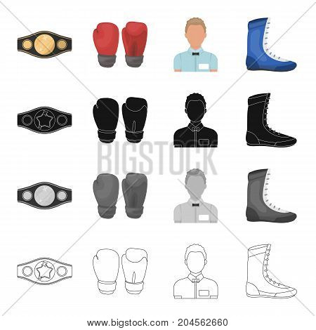 Champion belt, gloves for boxing, referee in the ring, sneakers. Boxing set collection icons in cartoon black monochrome outline style vector symbol stock illustration .