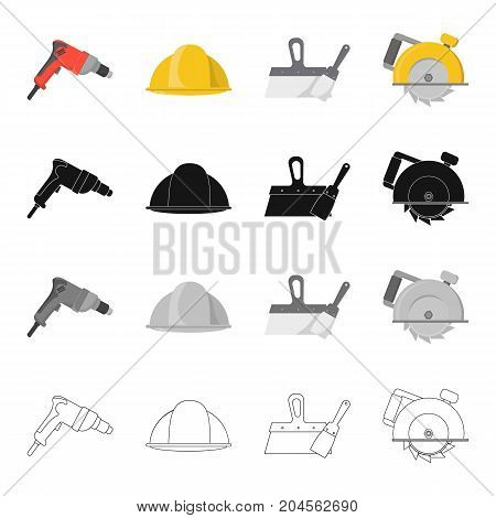 Electric drill, construction helmet, spatula for repair, manual circular. Construction and repair set collection icons in cartoon black monochrome outline style vector symbol stock illustration .