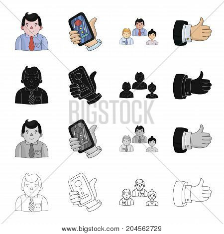 Businessman, phone in hand, conference participants, business deal. Business Conference set collection icons in cartoon black monochrome outline style vector symbol stock illustration .