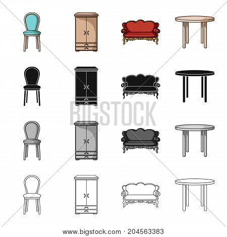 A chair, a wardrobe, a couch, a dining table. Furniture and home interiors set collection icons in cartoon black monochrome outline style vector symbol stock illustration .