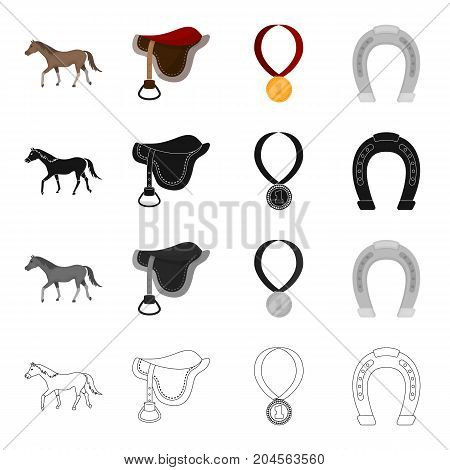 A horse, a saddle for a rider, a reward in races, a horseshoe. Hippodrome and horse racing set collection icons in cartoon black monochrome outline style vector symbol stock illustration .