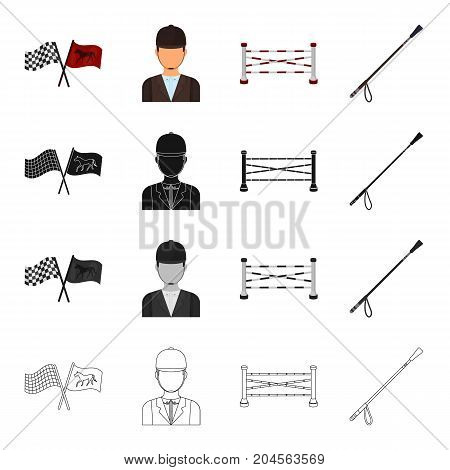 Flags at the races, a jockey in uniform, a barrier on the racetrack, a stack. Hippodrome and horse racing set collection icons in cartoon black monochrome outline style vector symbol stock illustration .