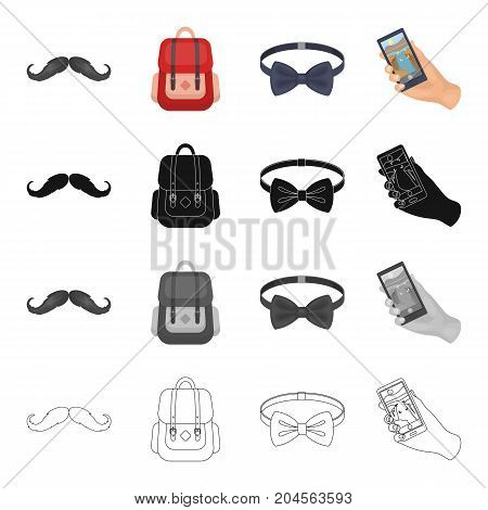 Hipster mustache, stylish backpack, bow tie, mobile phone in hand. Hipster style set collection icons in cartoon black monochrome outline style vector symbol stock illustration .