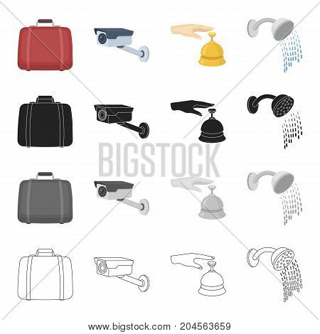 Suitcase, video surveillance in the hotel, call at the reception, watering can shower.Hotel set collection icons in cartoon black monochrome outline style vector symbol stock illustration .
