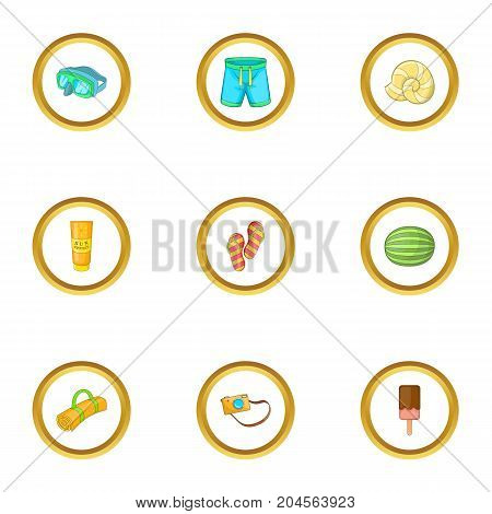 Beach party icons set. cartoon style set of 9 beach party vector icons for web design