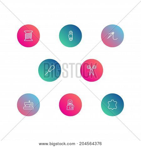 Collection Of Sewing, Leather, Scissors And Other Elements.  Set Of 8 Sewing Outline Icons Set.