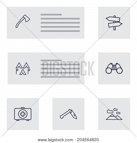Collection Of Encampment, Penknife, Mountains And Other Elements.  Set Of 7 Picnic Outline Icons Set.
