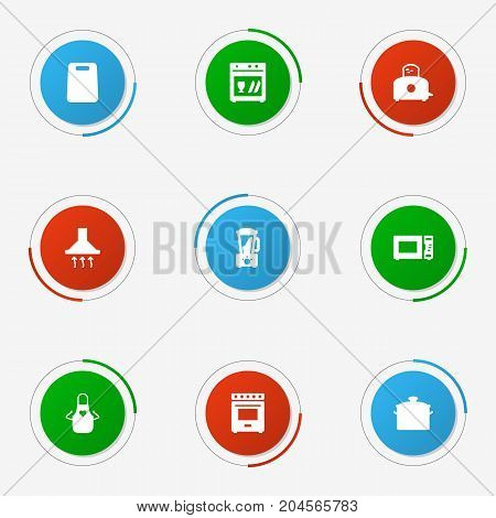 Collection Of Washing Machine, Pan, Extractor Hood And Other Elements.  Set Of 9 Kitchen Icons Set.