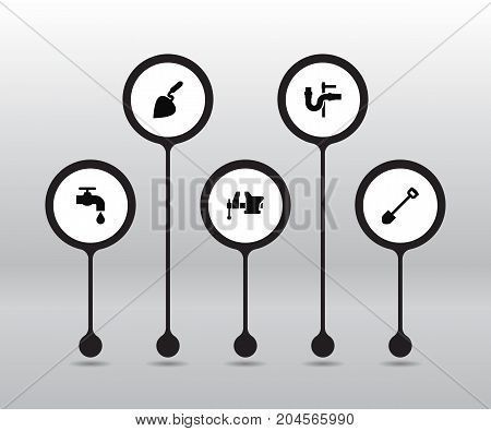 Collection Of Bricklayer, Pipeline, Spade And Other Elements.  Set Of 5 Architecture Icons Set.