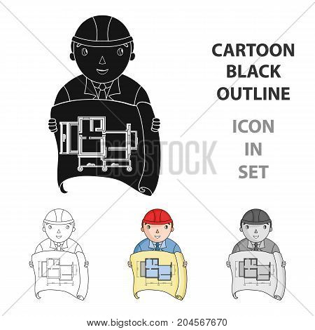 Architect with technical drawing icon in cartoon design isolated on white background. Architect symbol stock vector illustration.