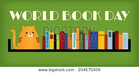 Vector colorful retro styled illustration of a tabby ginger cat sitting on a bookshelf. Text 