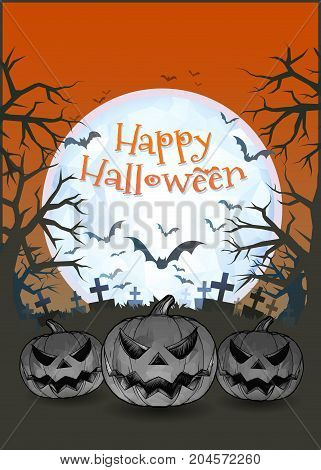 Jack o lantern glowing at foreground with cartoony style in the darkness graveyard background for halloween greeting on colorful artwork