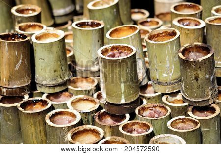 Sweet Sticky Rice in Bamboo joints or Glutinous Rice in Bamboo / Thai Traditional and Country Dessert. It's called 
