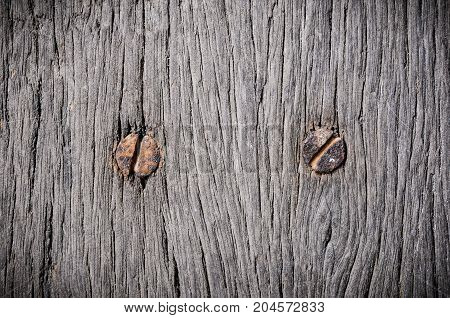 close up on wood and nail , rusty nail on wood , wood texture, rusty nail in wood background