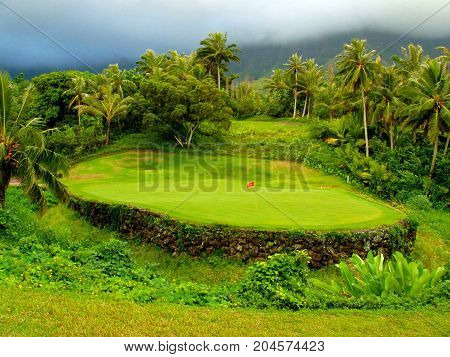 Tropical Hawaiian Golf Green Surrounded by Jungle
