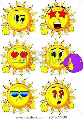 Cartoon sun with pointing hand at the viewer. Collection with various facial expressions. Vector set.