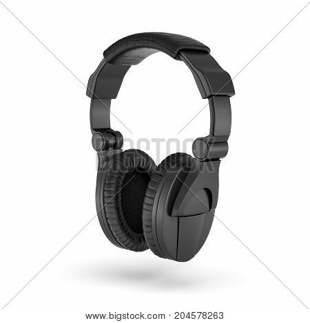 3d rendering of black padded headphones with a headband hanging on white background. Listen to music. DJ equipment. Melomania.