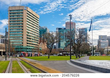 Adelaide Australia - June 28 2017: Victoria Square viewed from South to North with buildings and traffic at morning time