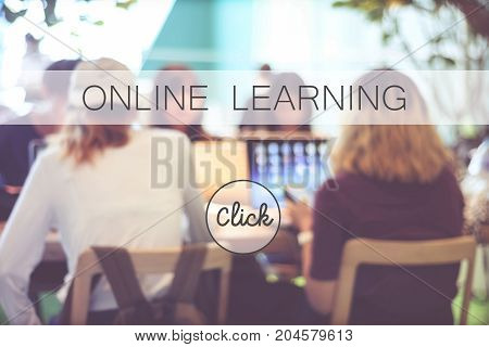 Online education banner over blur stdying people background web banner Education E learning technology concept