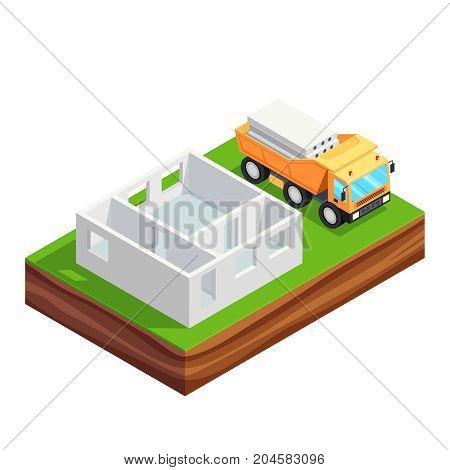 Isometric concept of building a house. 3d concrete house and a truck with reinforced concrete slabs. Concrete wall of the first floor of the house. House construction phases. Vector illustration.